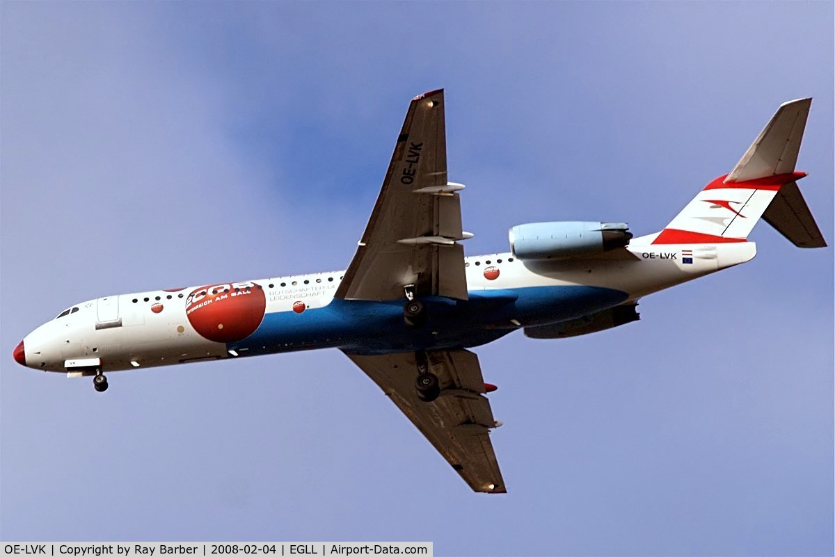 OE-LVK, 1992 Fokker 100 (F-28-0100) C/N 11397, Fokker F-100 [11397] (Austrian Arrows) Home~G 04/02/2008. On approach 27R.