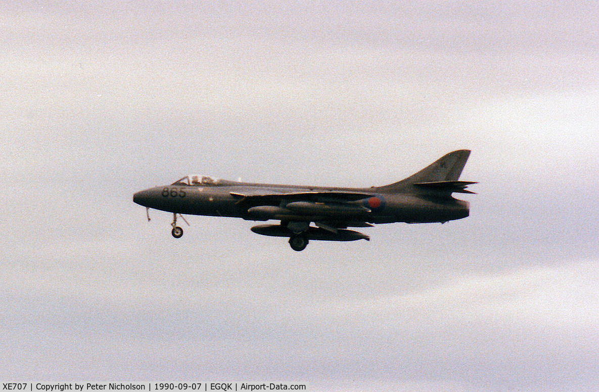 XE707, 1955 Hawker Hunter GA.11 C/N HABL-003037, Hunter GA.11 of the Fleet Requirements & Direction Unit (FRADU) based at RNAS Yeovilton on final approach to RAF Kinloss in September 1990.