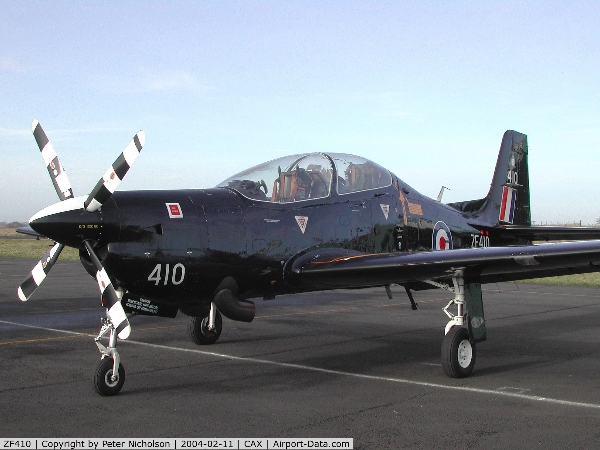 ZF410, 1992 Short S-312 Tucano T1 C/N S129/T100, Tucano T.1 of 1 Flying Training School at RAF Linton-on-Ouse visiting Carlisle in February 2004.