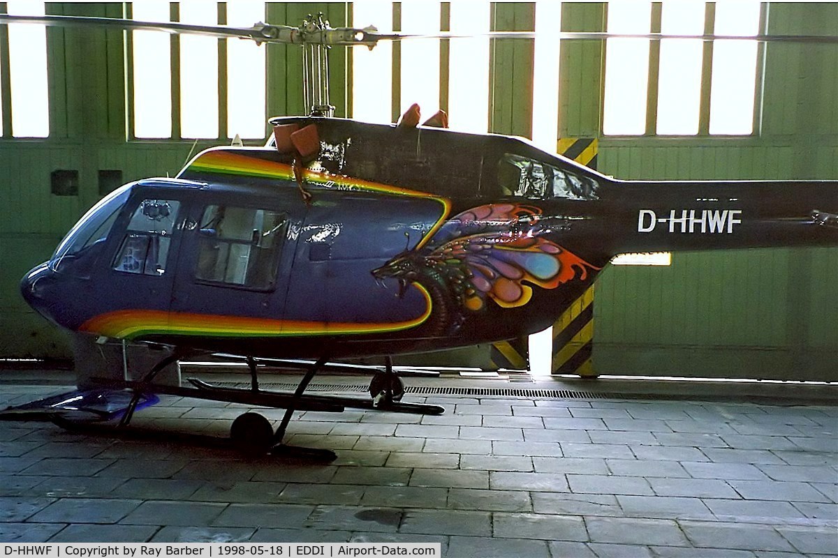 D-HHWF, Bell 206B-3 JetRanger III C/N 2530, D-HHWF   Bell 206B3 Jet Ranger III [2530] Berlin-Templehoff~D 18/05/1998. Unusual colour scheme.