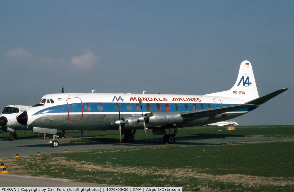 PK-RVN, 1961 Vickers Viscount 838 C/N 446, Reg not taken up on this airframe. Not delivered to Mandala.
EMA 6yh March 1976.