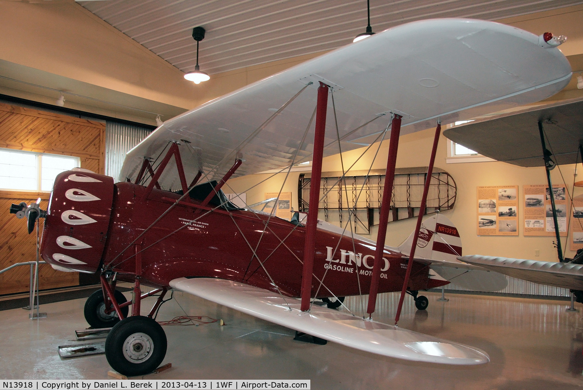 N13918, 1929 Waco ATO C/N A-118, Built in 1929, this is the only Waco to have had its fabric skin replaced with metal.  She has earned her retirement at the Waco Aviation Museum, Troy, OH.