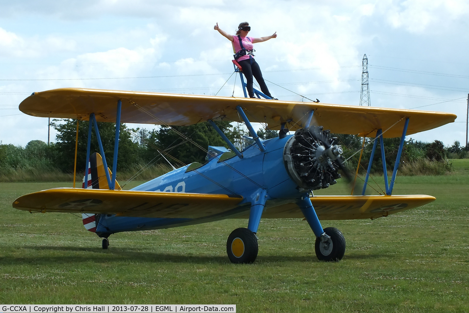 G-CCXA, 1942 Boeing A75N1 C/N 75-3616, wing walking at Daymn's Hall Farm, Upminster, Essex