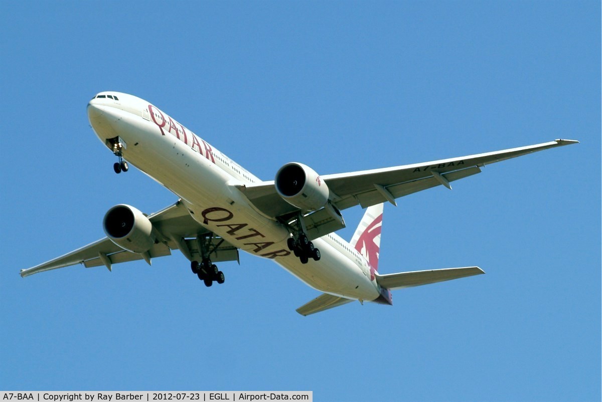 A7-BAA, 2007 Boeing 777-3DZ/ER C/N 36009, Boeing 777-3DZER [36009] (Qatar Airways) Home~G 23/07/2012. On approach 27R.