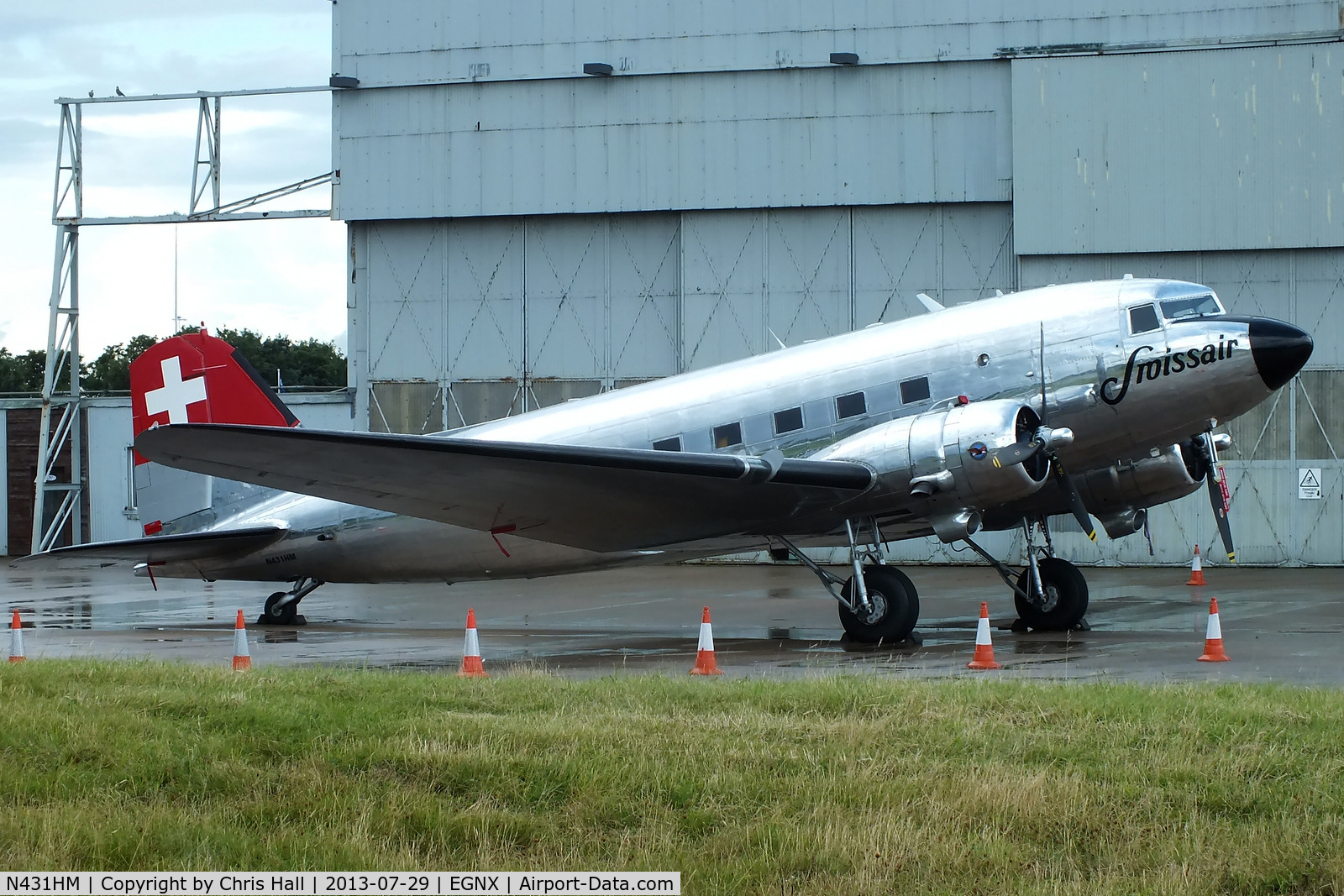 N431HM, 1943 Douglas DC-3C-S1C3G (C-47A) C/N 9995, Ex 42-24133, NC65266, NC6K, N88Y, N88YA, G-BMCR, N88YA, HB-ISC. Flew in from Newquay earlier in the day.