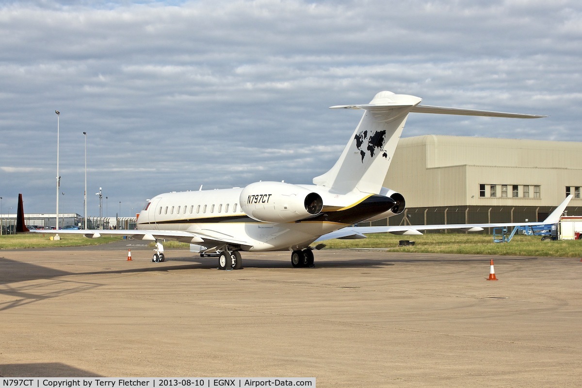 N797CT, 2011 Bombardier BD-700-1A10 Global 6000 C/N 9435, One of three aircraft belonging to Caterpillar Inc - parked at East Midlands in the UK