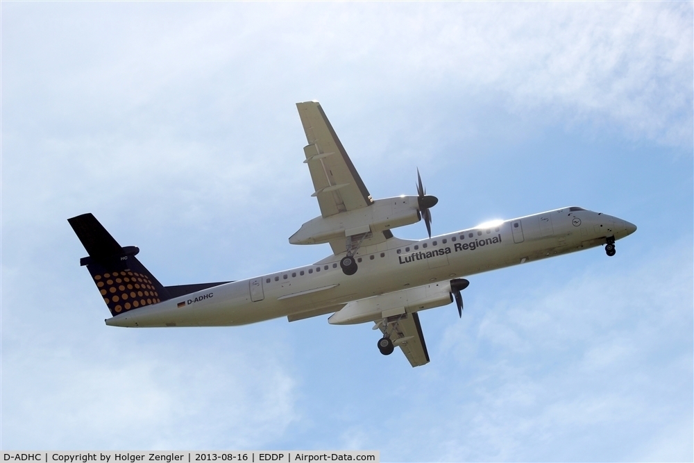 D-ADHC, 2001 De Havilland Canada DHC-8-402Q Dash 8 C/N 4045, Noon shuttle from MUC on final above gate 62.....