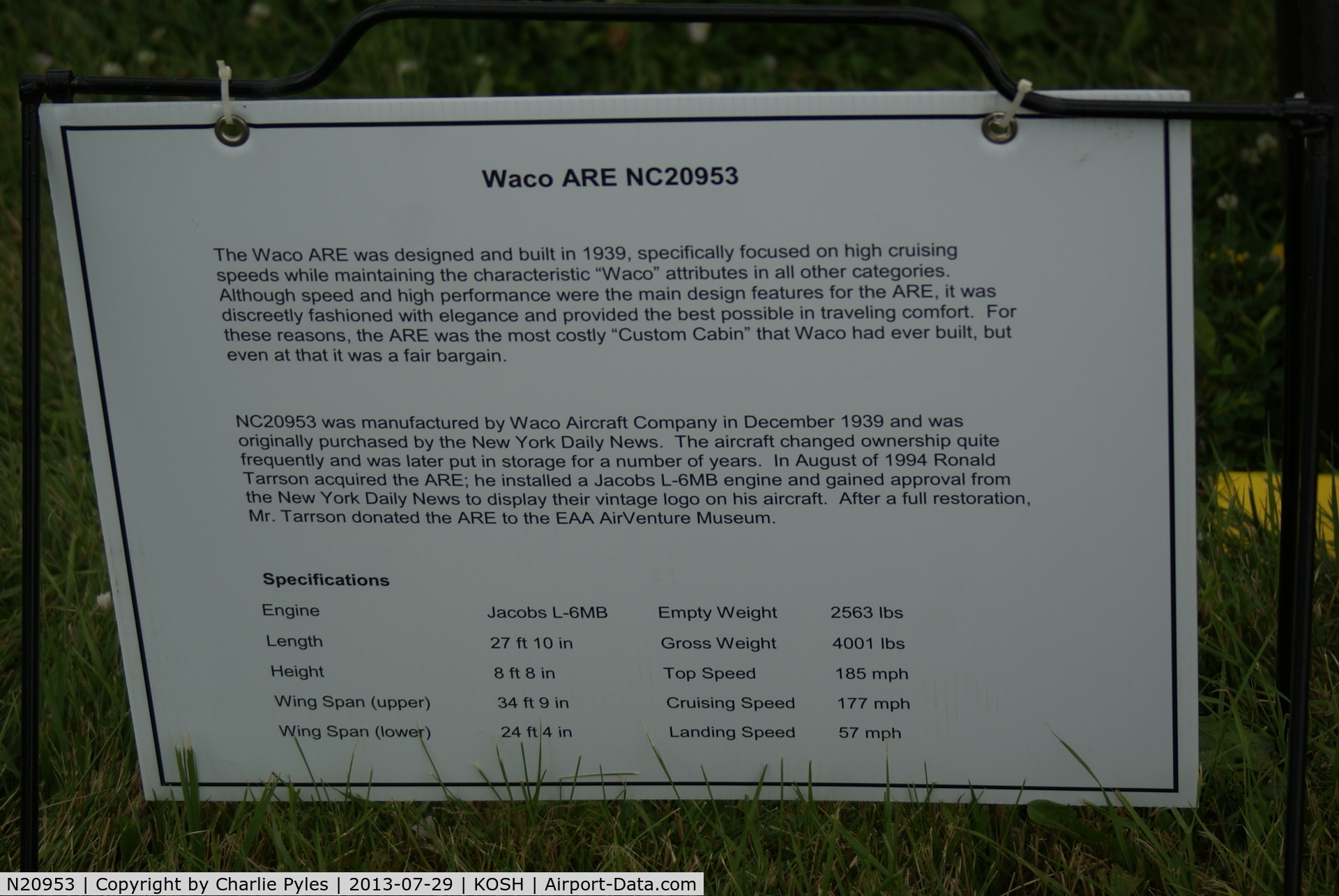 N20953, 1939 Waco ARE C/N 5080, Here's great information for those of you unlucky not to have seen it in person.
