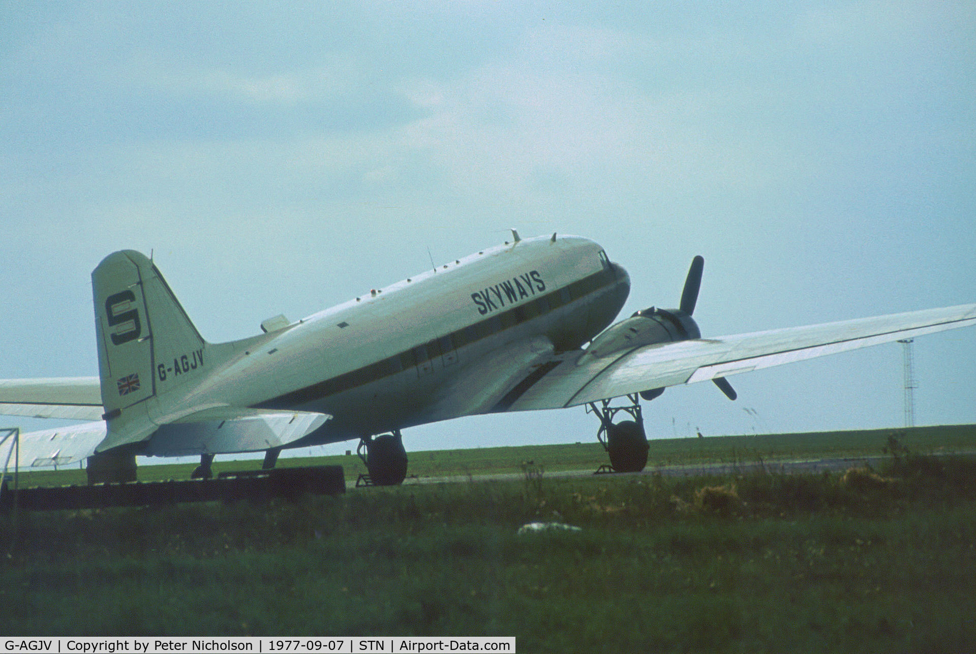 G-AGJV, 1943 Douglas C-47 Dakota 4 C/N 12195, Douglas DC-3 of Skyways Cargo as seen at Stansted in the Summer of 1977.