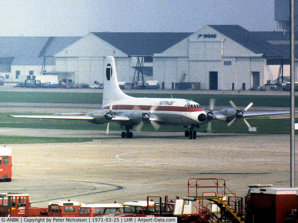 G-ANBK, 1957 Bristol 175 Britannia 102 C/N 12912, Britannia 102 of Northeast Airlines as seen at Heathrow in March 1971.