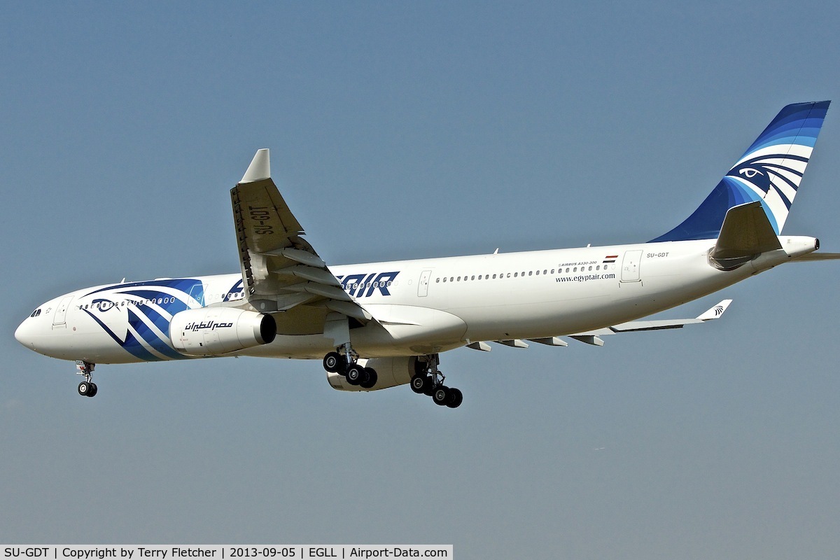 SU-GDT, 2011 Airbus A330-343X C/N 1230, on approach to London Heathrow