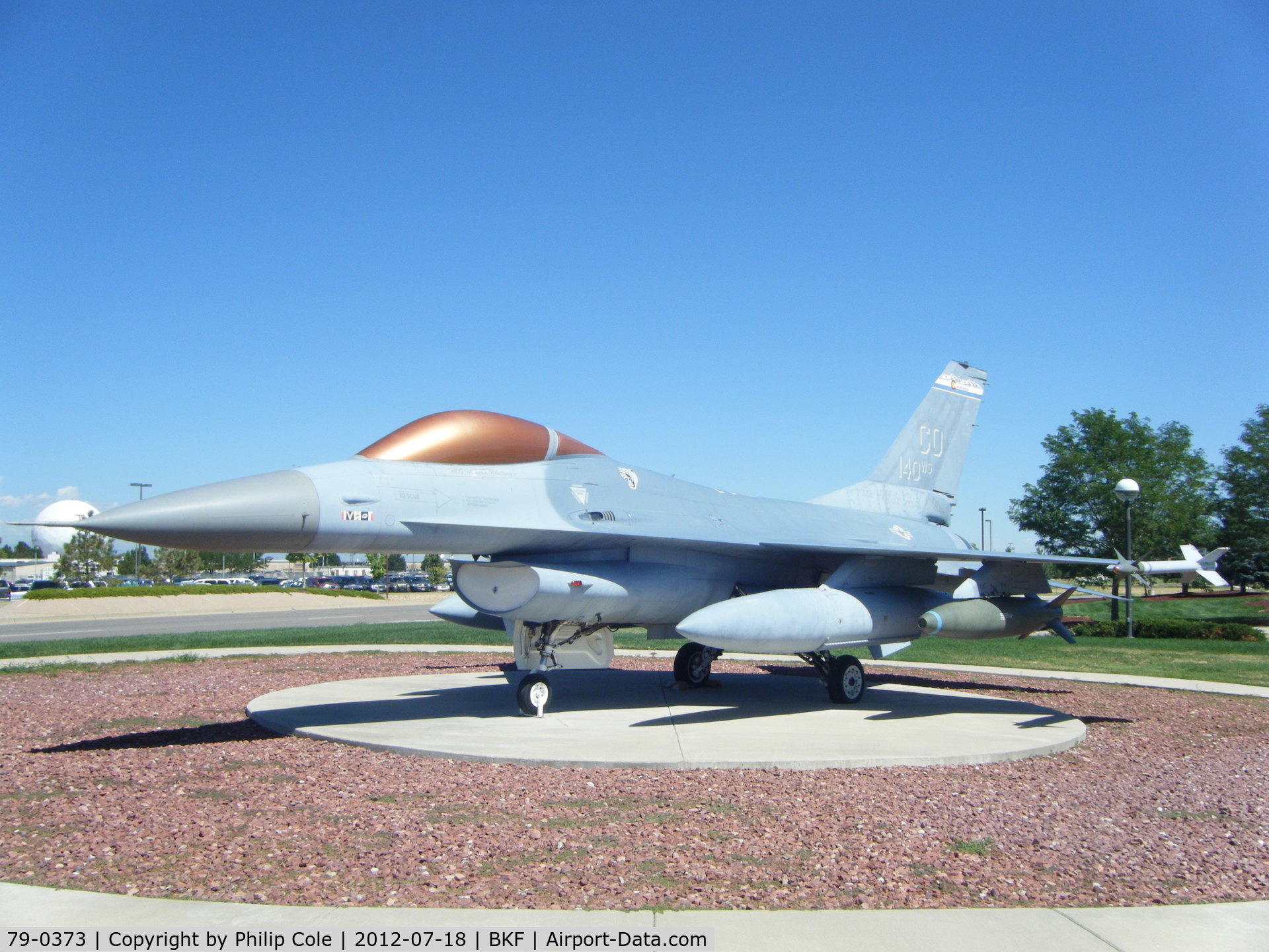 79-0373, 1979 General Dynamics F-16A Fighting Falcon C/N 61-158, Preserved outside 140 WG HQ Building