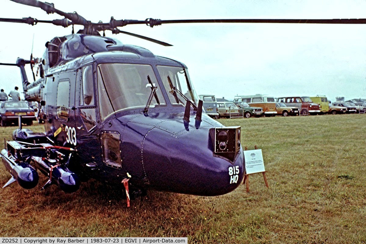 ZD252, 1982 Westland Lynx HAS.3 C/N 255, Westland Lynx HAS.3 [255] (Royal Navy) RAF Greenham Common~G 23/07/1983. Taken from a slide.