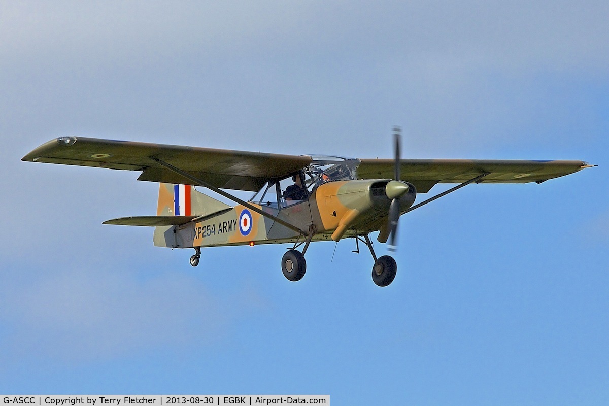 G-ASCC, 1962 Auster AOP.11 C/N B5/10/162, Arriving at the 2013 Light Aircraft Association Rally at Sywell in the UK