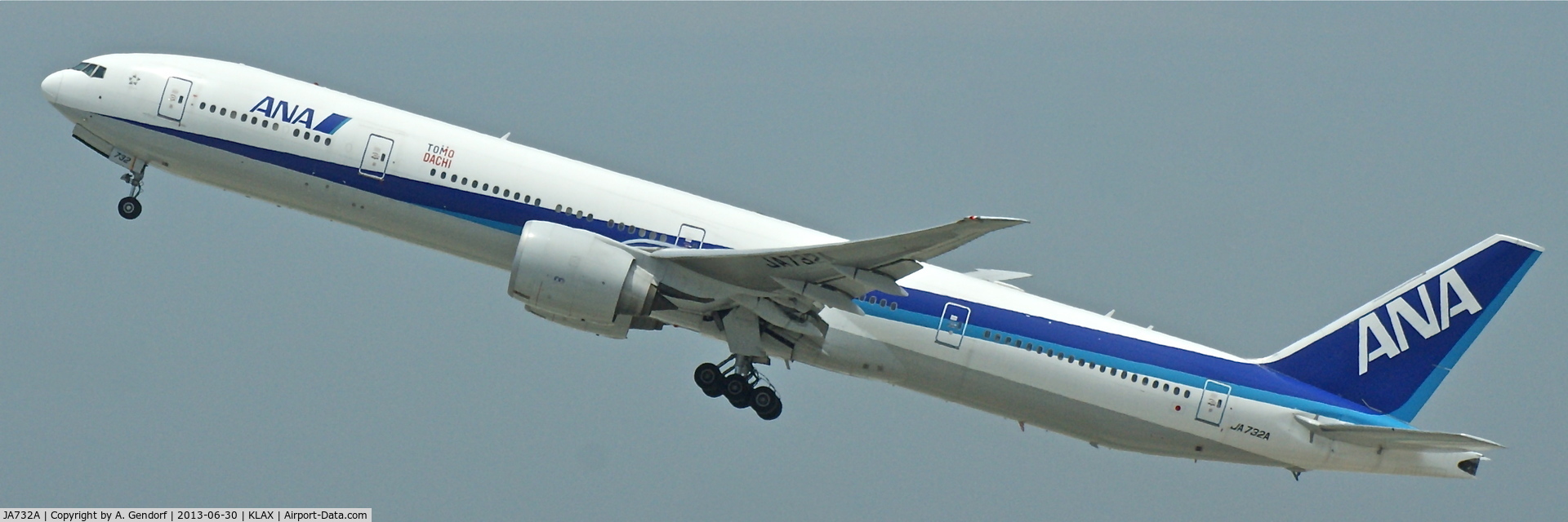 JA732A, 2005 Boeing 777-381/ER C/N 27038, ANA - All Nippon Airways, shows its superb performance during take off here at Los Angeles Int´l(KLAX)
