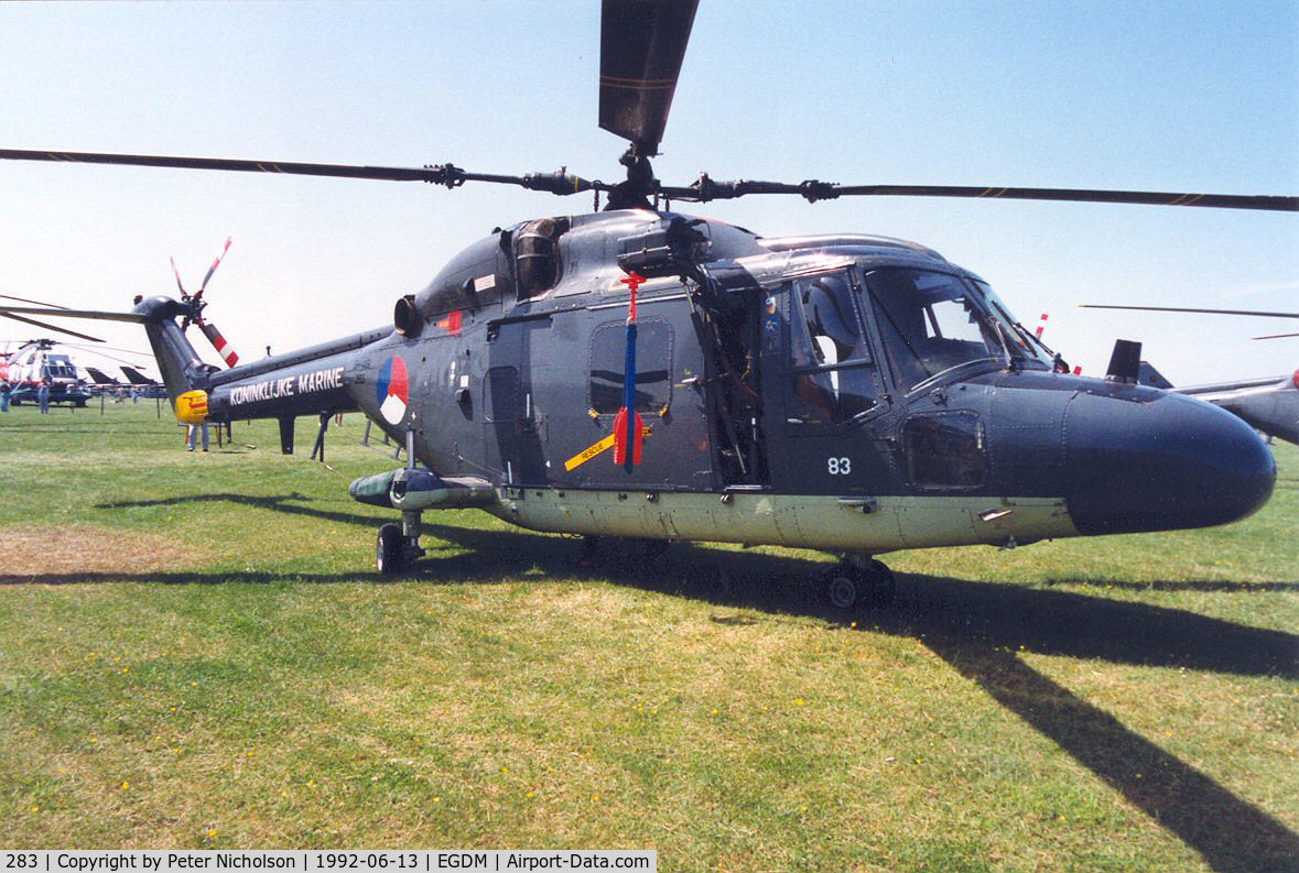 283, Westland SH-14D Lynx C/N 219, SH-14D Lynx , callsign NRN 705, of 860 Squadron Royal Netherlands Navy on display at the 1992 Air Tournament International at Boscombe Down.