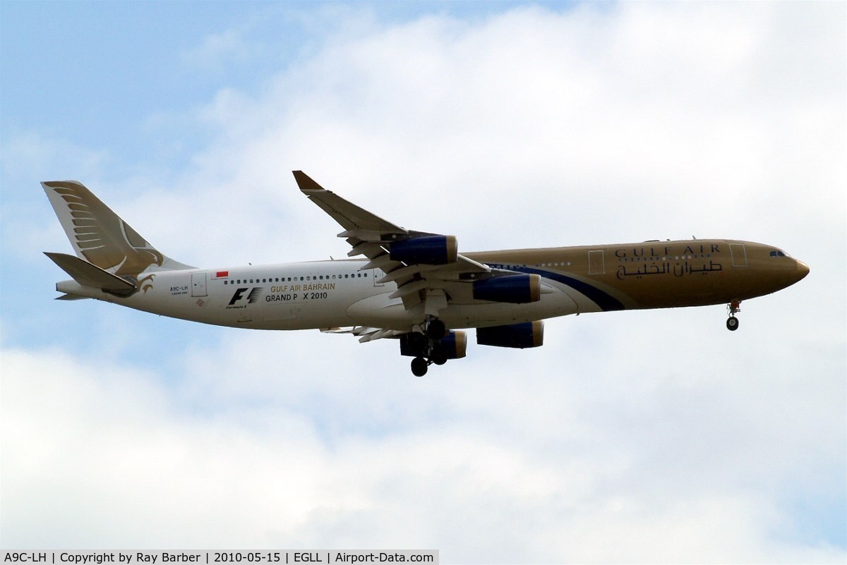 A9C-LH, 1998 Airbus A340-313X C/N 215, Airbus A340-313X [215] (Gulf Air) Home~G 15/05/2010. On approach 27L  wearing Formula 1 Grand Prix titles missing r and i out of Prix.