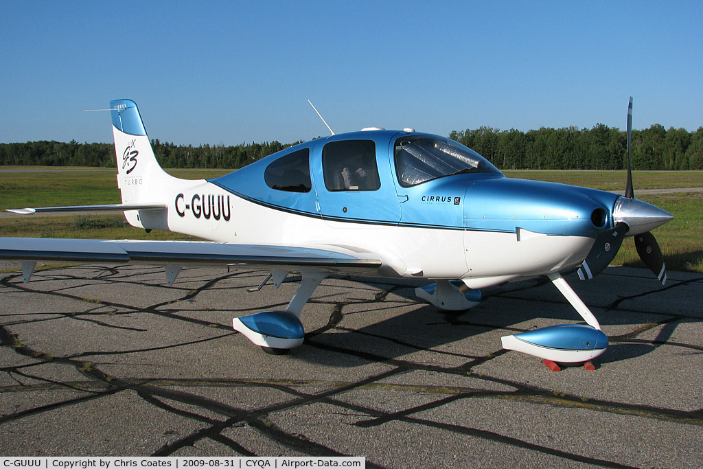 C-GUUU, 2007 Cirrus SR22 G3 X Turbo C/N 2654, This gorgeous Cirrus was resting alone in the late afternoon sunlight here at Muskoka Airport. I love the colour of this fast airplane.