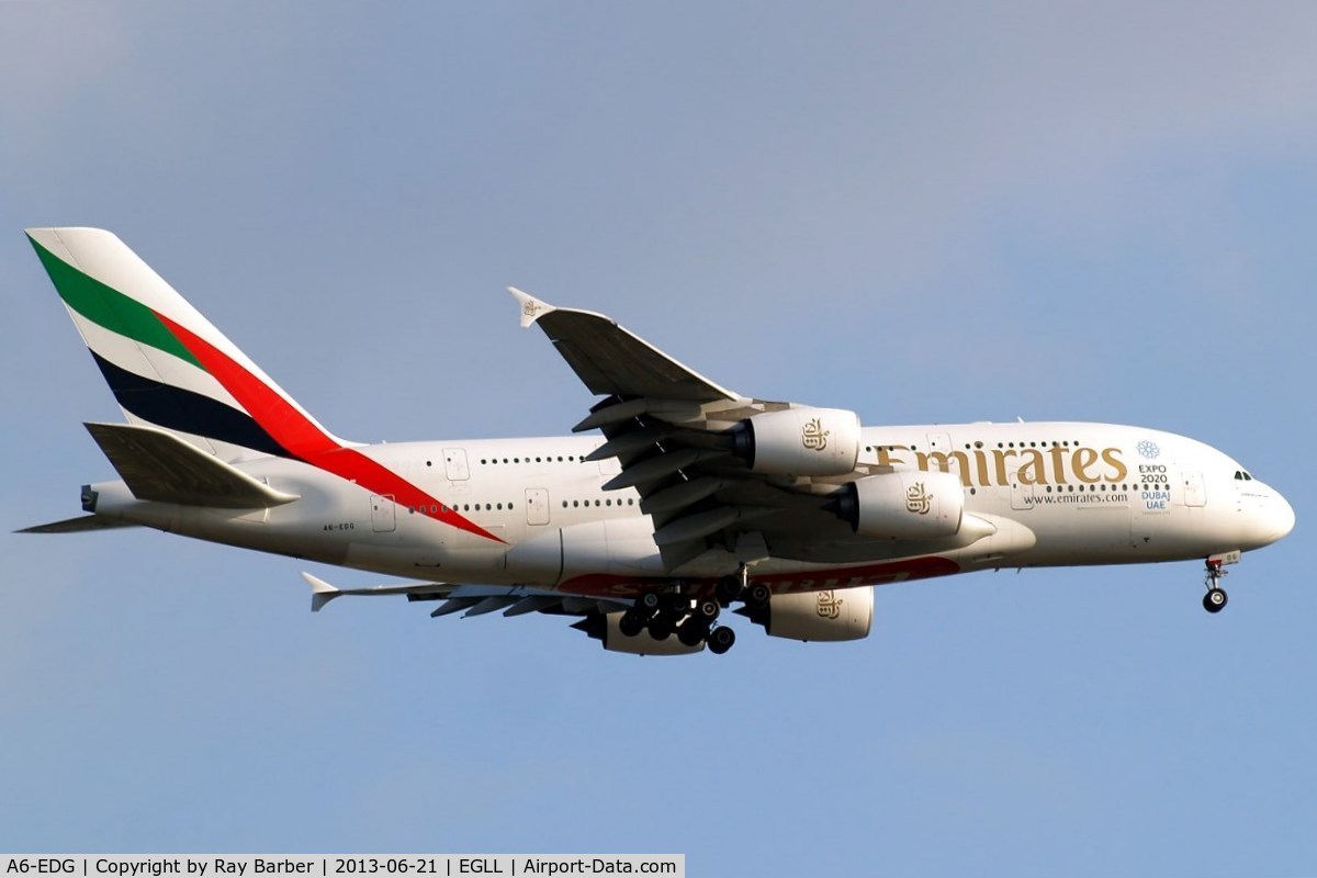 A6-EDG, 2009 Airbus A380-861 C/N 023, Airbus A380-861[023] (Emirates Airlines) Home~G 21/06/2013. On approach 27L wearing 
