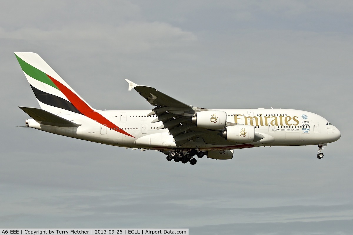 A6-EEE, 2012 Airbus A380-861 C/N 112, Emirates A380 at Heathrow