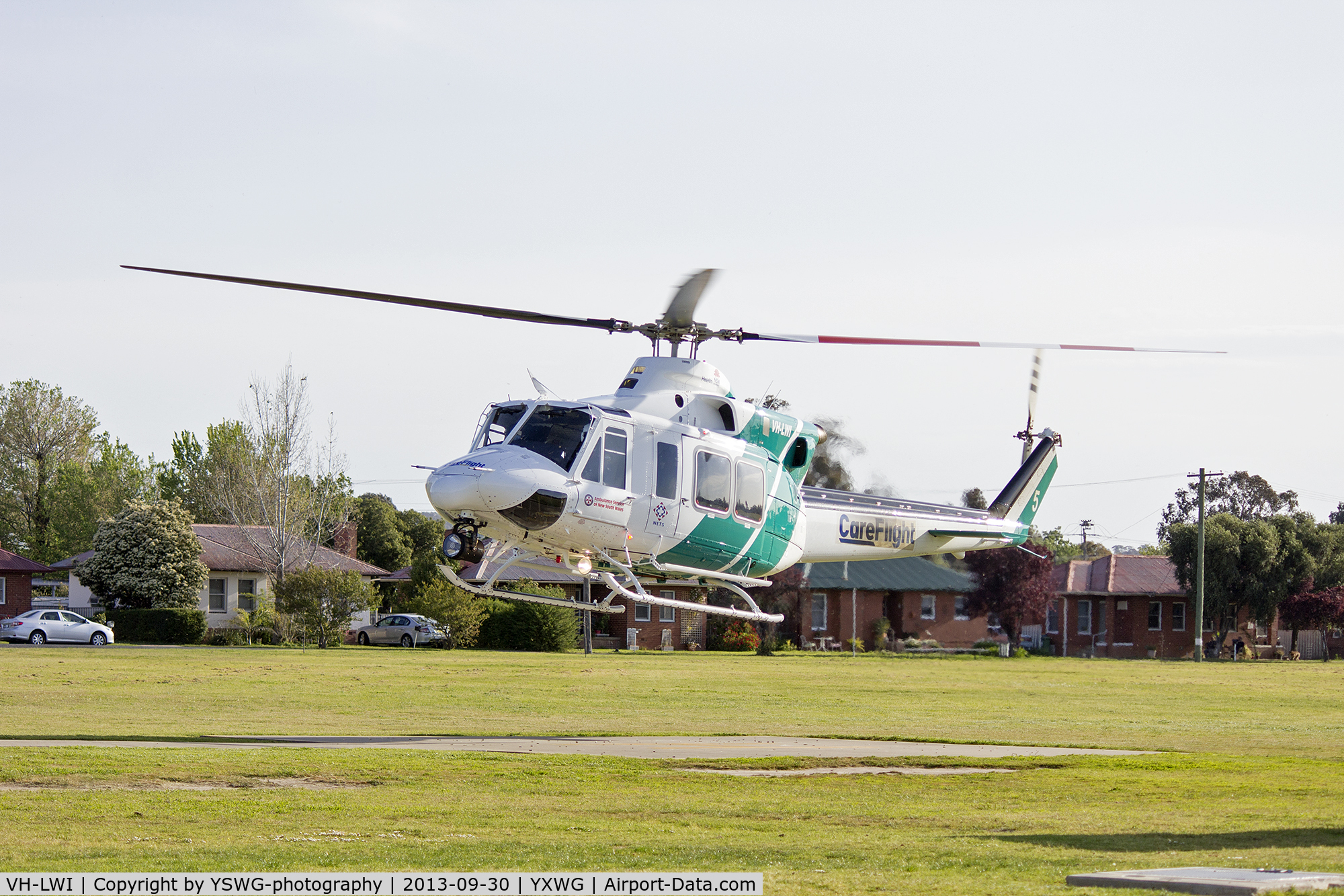 VH-LWI, 2011 Bell 412EP C/N 36573, CareFlight (VH-LWI) Bell 412EP taking off from the Duke of Kent Oval helipad.