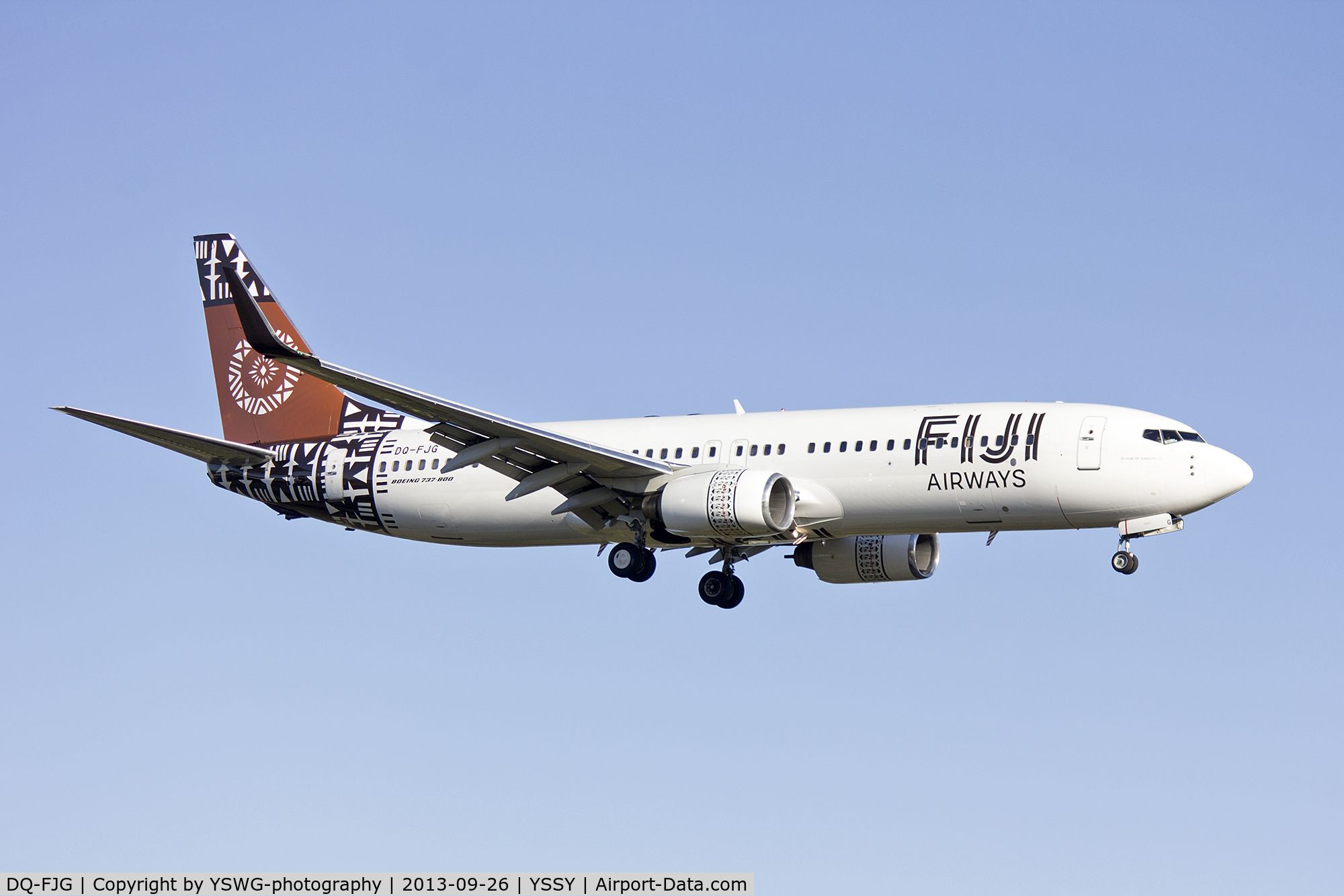 DQ-FJG, 1999 Boeing 737-8X2 C/N 29968, Fuji Airways (DQ-FJG) Boeing 737-8X2(WL) on approach to runway 25 at Sydney Airport.