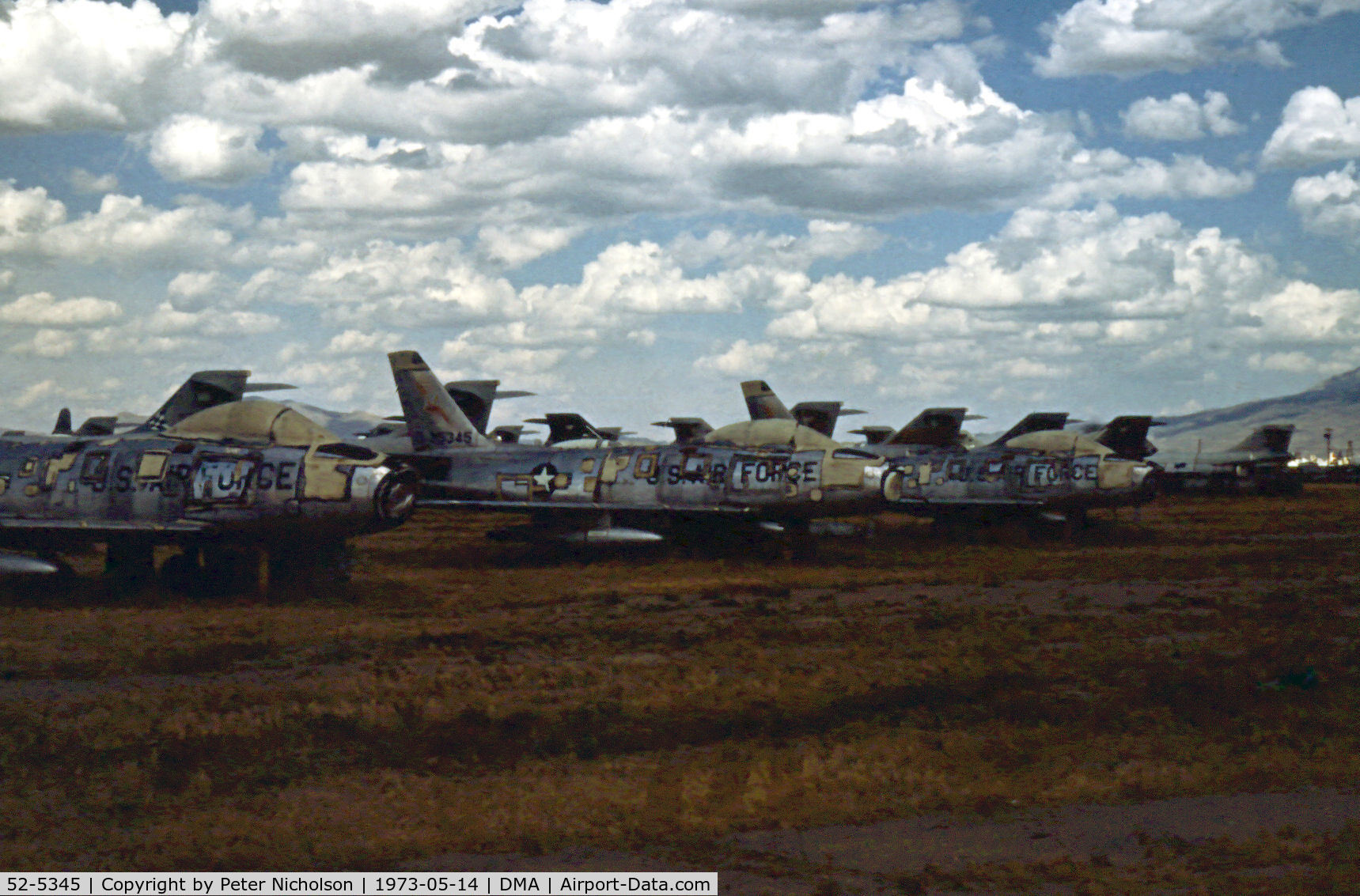 52-5345, 1952 North American F-86F-25-NA Sabre C/N 193-74, Former Tactical Air Command F-86F Sabre seen in the Summer of 1973 in what was then known as the Military Aircraft Storage & Disposition Centre at Davis-Monthan AFB