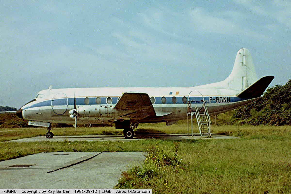 F-BGNU, 1954 Vickers Viscount 708 C/N 38, Vickers 708 Viscount [38] Mulhouse-Habsheim~F 12/09/1981. Stored here prior to going to the Auto und Technik Museum Sinsheim Germany. Taken from a slide.
