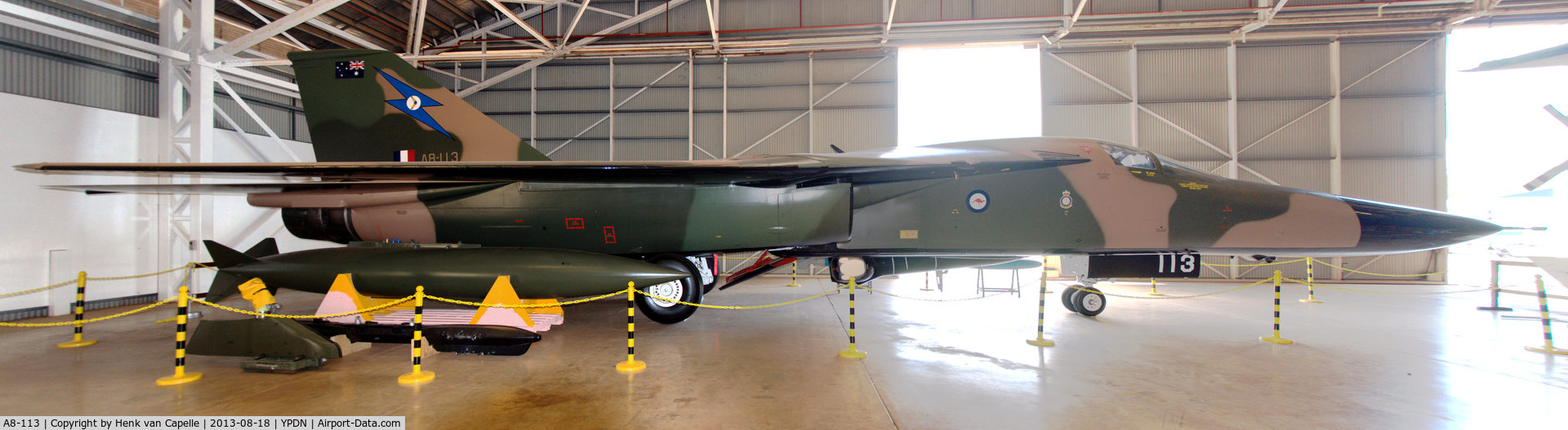 A8-113, General Dynamics F-111C Aardvark C/N A1-158, F-111C A8-113 has been preserved at the Australian Aviation Heritage Centre at Darwin airport.