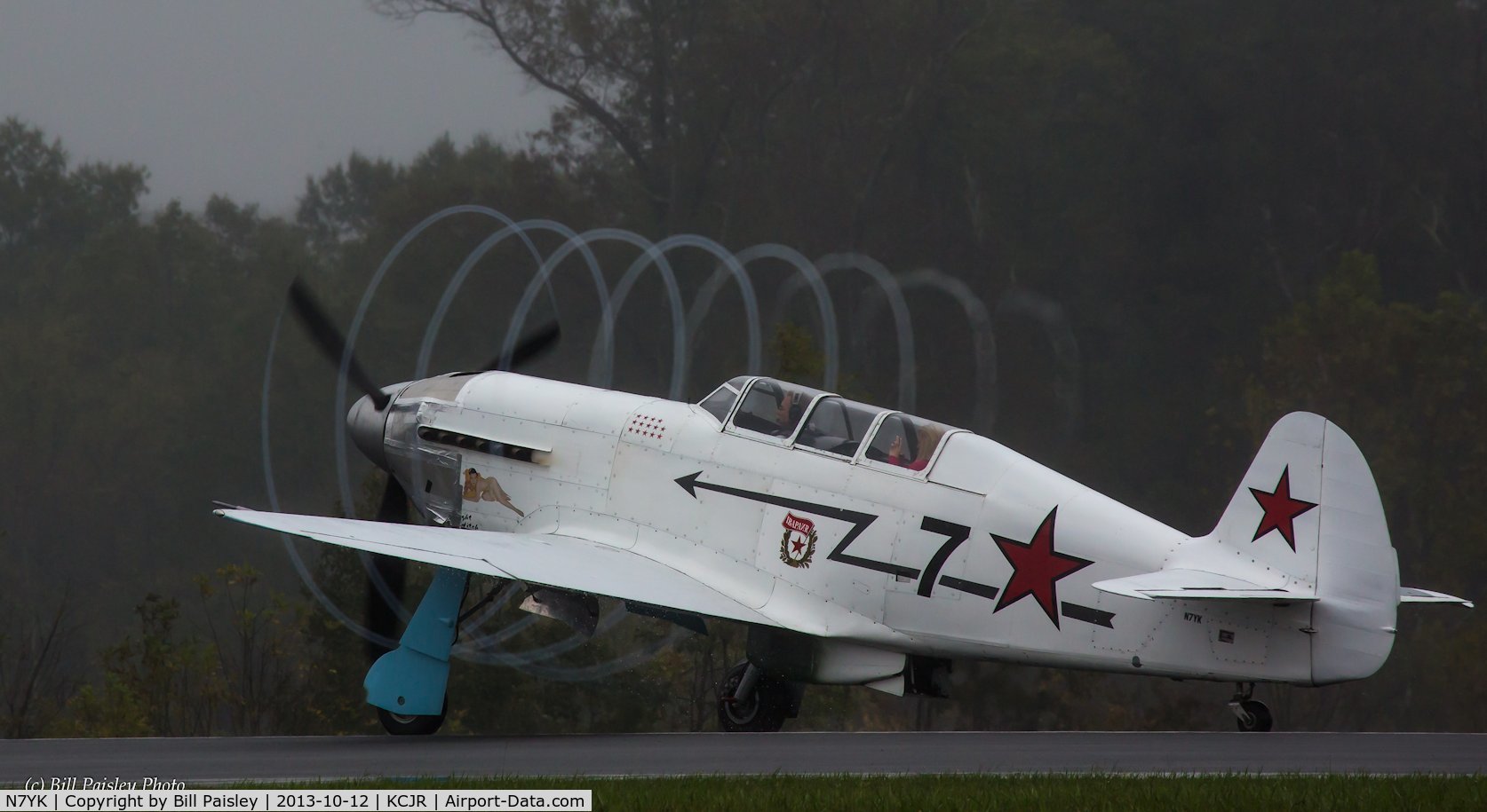 N7YK, 1996 Yakovlev Yak-11 C/N 51-24D, Culpepper, VA Air Fest take off roll on a misty, rainy morning.