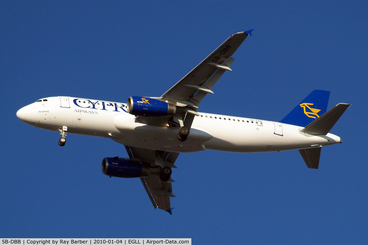 5B-DBB, 1991 Airbus A320-231 C/N 256, Airbus A320-231 [0256] (Cyprus Airways) Home~G 04/01/2010. On approach 27R.