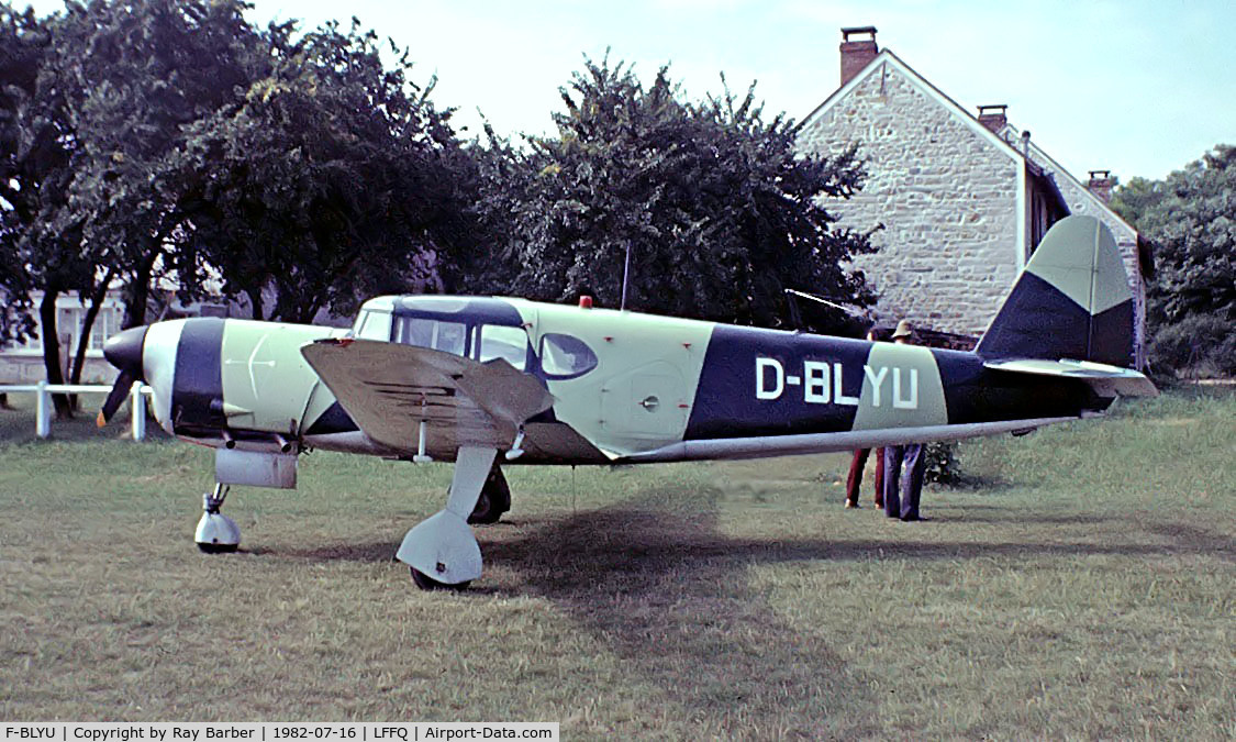 F-BLYU, Nord 1101 Noralpha C/N 18, Nord N.1101 Noralpha [18] La Ferte Alais~F 16/07/1982. Wearing marks D-BLYU for film purposes. Taken from a slide.