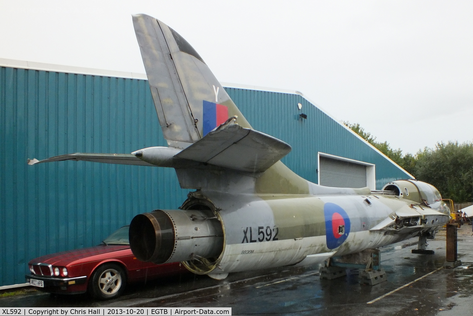 XL592, 1958 Hawker Hunter T.7 C/N 41H/693686, outside of the Parkhouse Aviation yard at Booker