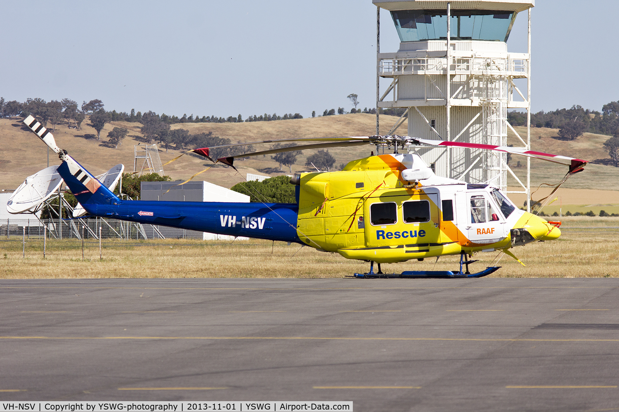 VH-NSV, Bell 412 C/N 33084, Royal Australian Air Force, operated by CHC, (VH-NSV) Bell 412 in former CQ Rescue livery on the tarmac at Wagga Wagga Airport