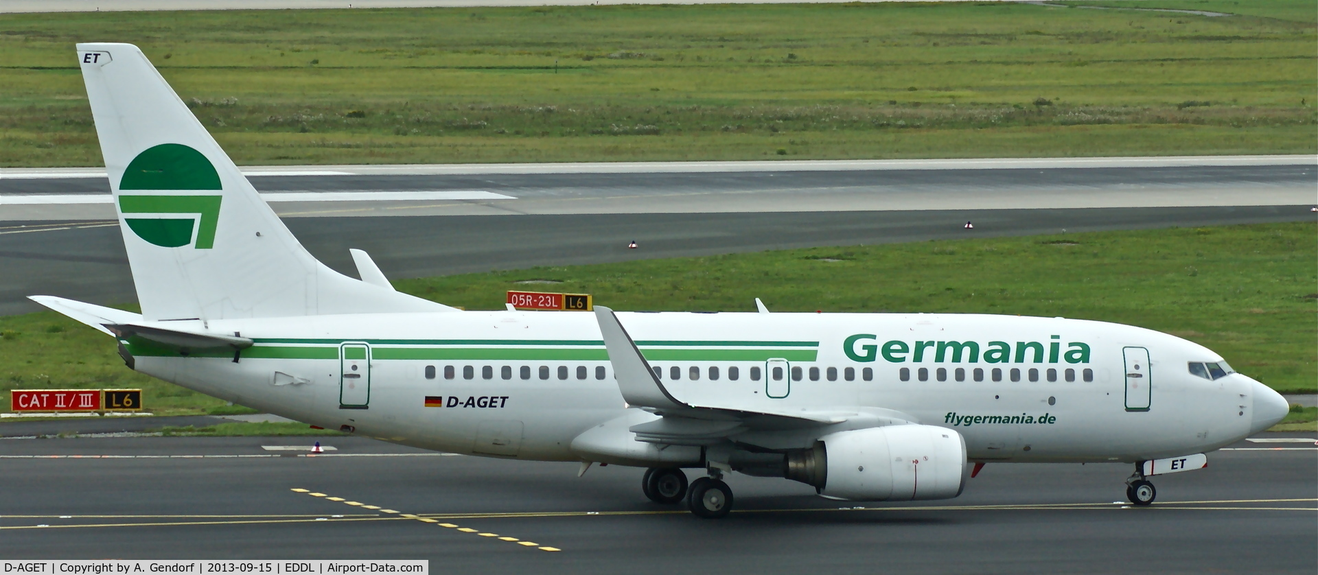 D-AGET, 1998 Boeing 737-75B C/N 28109, Germania, seen here taxiing to RWY 23L at Düsseldorf Int´l(EDDL)