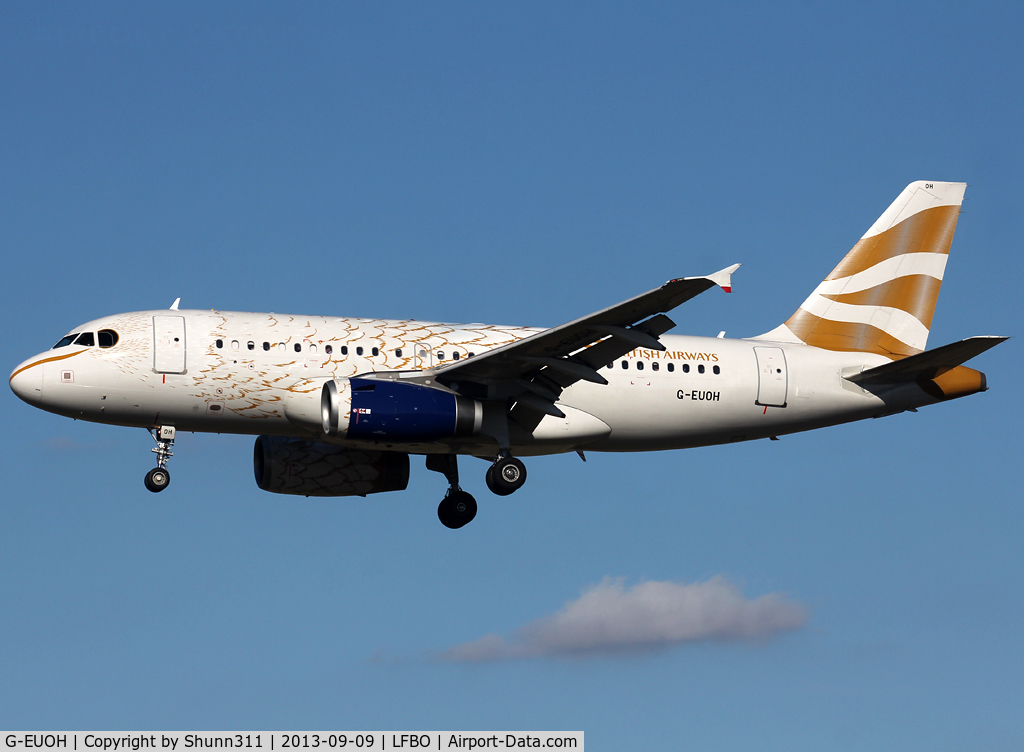 G-EUOH, 2001 Airbus A319-131 C/N 1604, Landing rwy 32L in Dove c/s