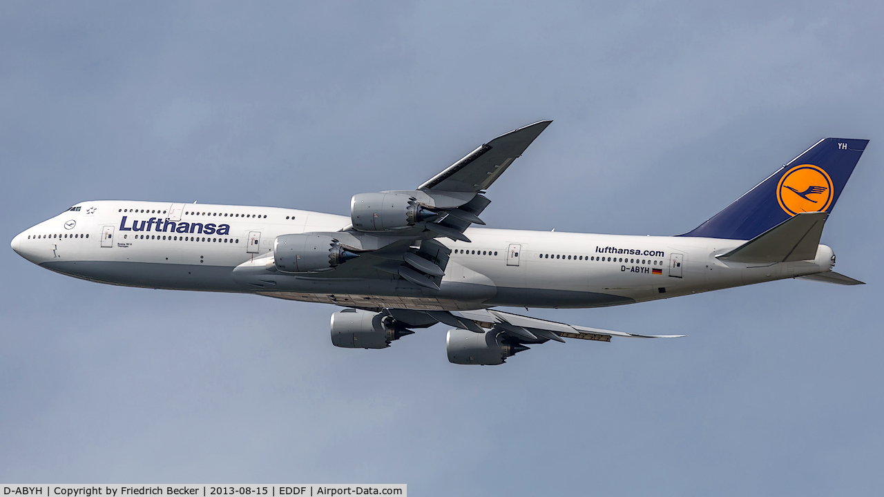 D-ABYH, 2013 Boeing 747-830 C/N 37832, departure from Frankfurt