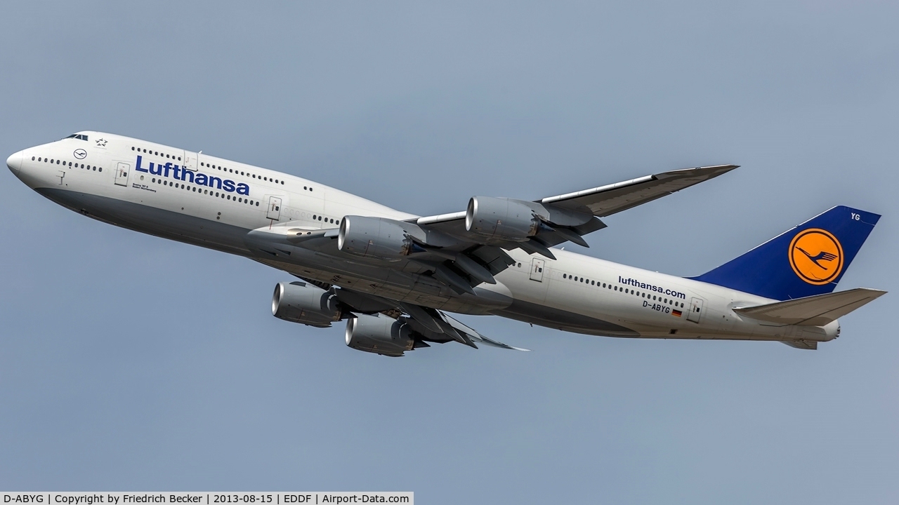 D-ABYG, 2013 Boeing 747-830 C/N 37831, departure from Frankfurt