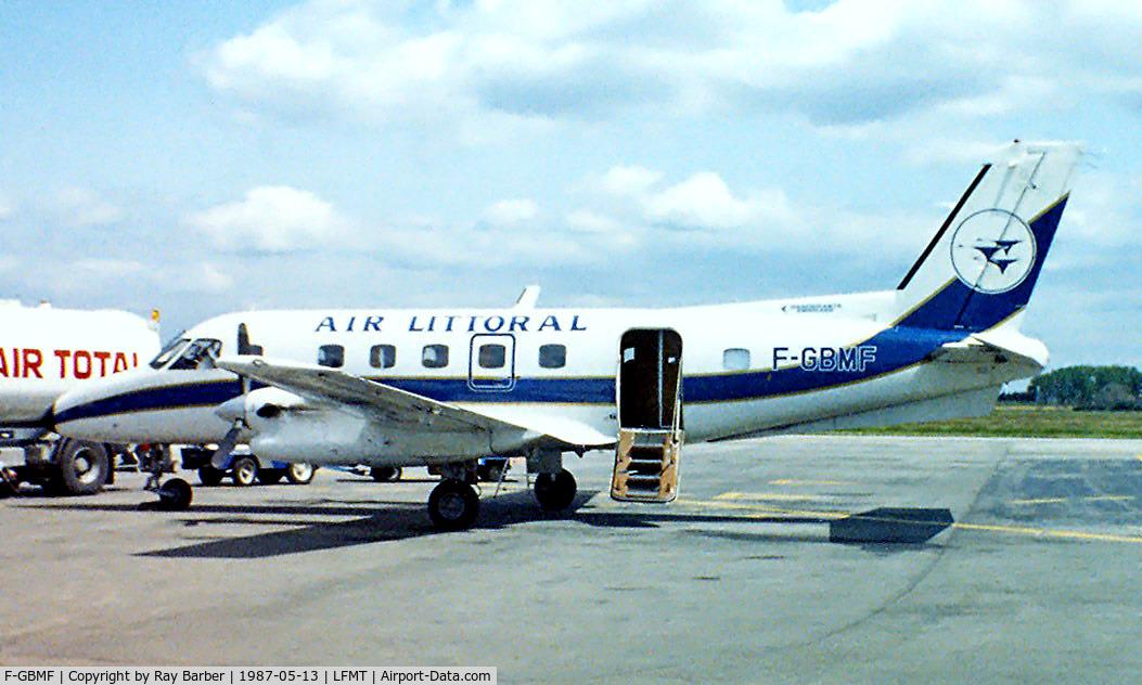 F-GBMF, 1978 Embraer EMB-110P2 Bandeirante C/N 110196, Embraer EMB-110P2 Bandeirante [110196] (Air Littoral) Montpellier-Frejorgues~F 13/05/1987. Taken from a slide.