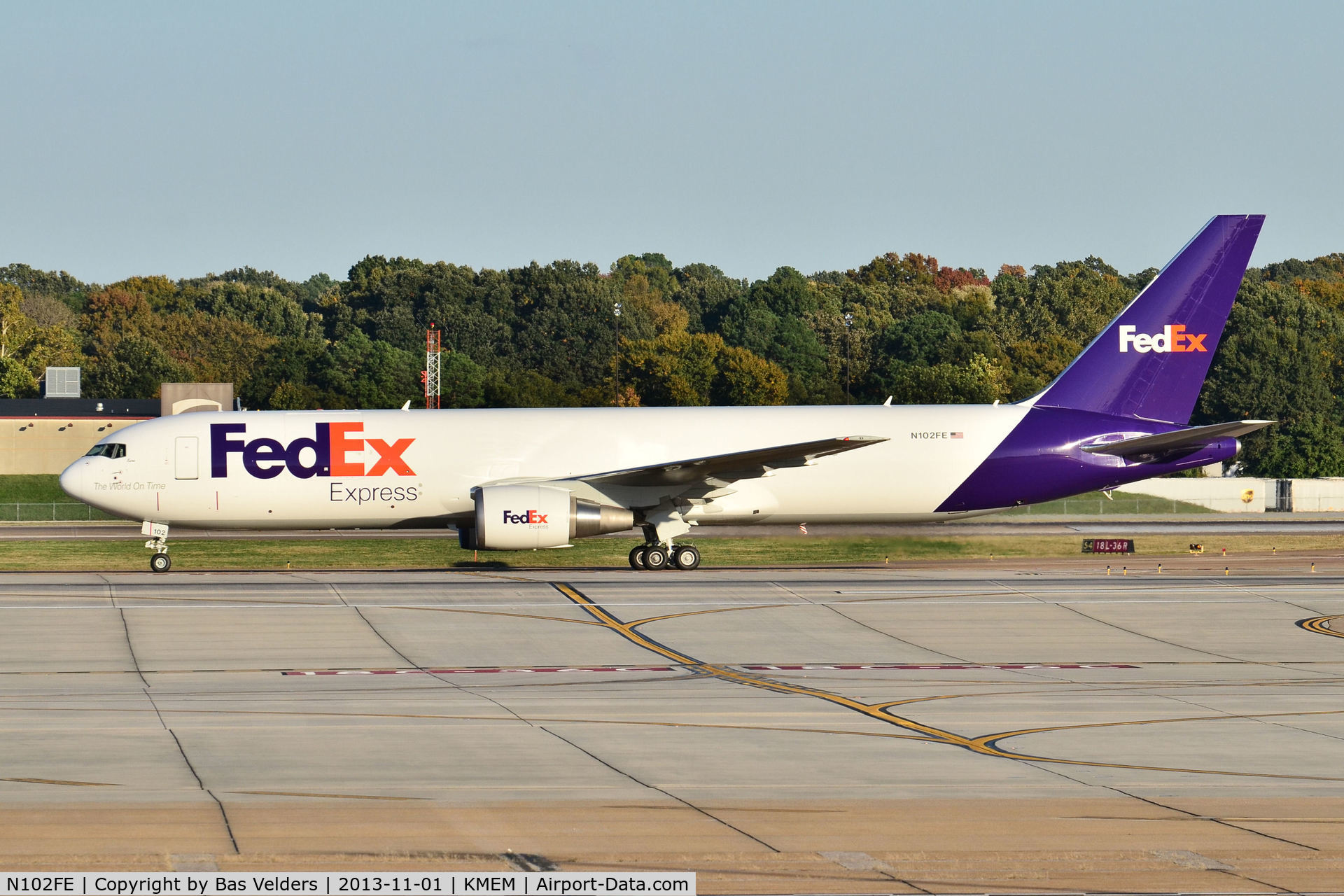 N102FE, 2013 Boeing 767-3S2F/ER C/N 42707, Taxiing back to the FedEx ramp after just a short flight. It took off from MEM only four hours ago.