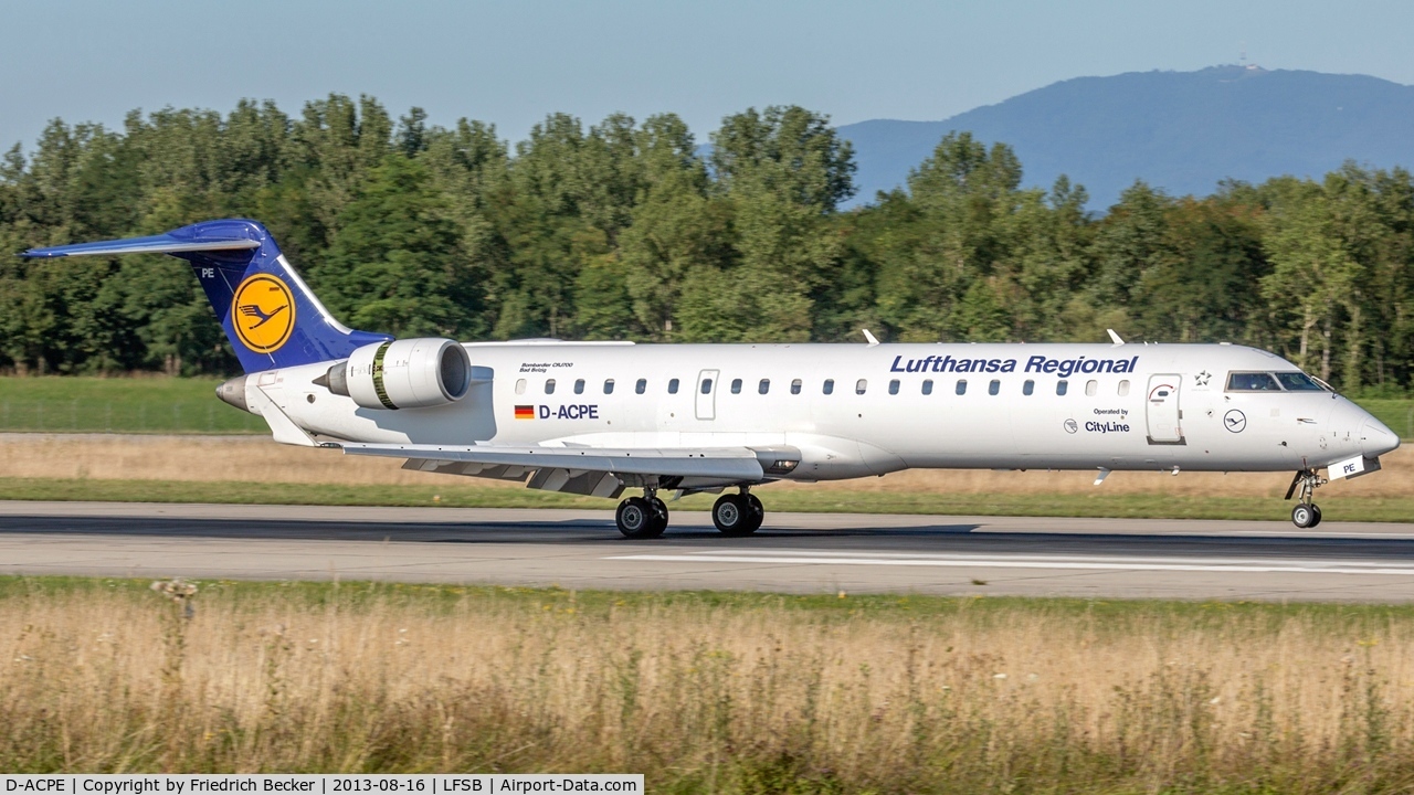 D-ACPE, 2001 Bombardier CRJ-701ER (CL-600-2C10) Regional Jet C/N 10027, decelerating after touchdown at Basel