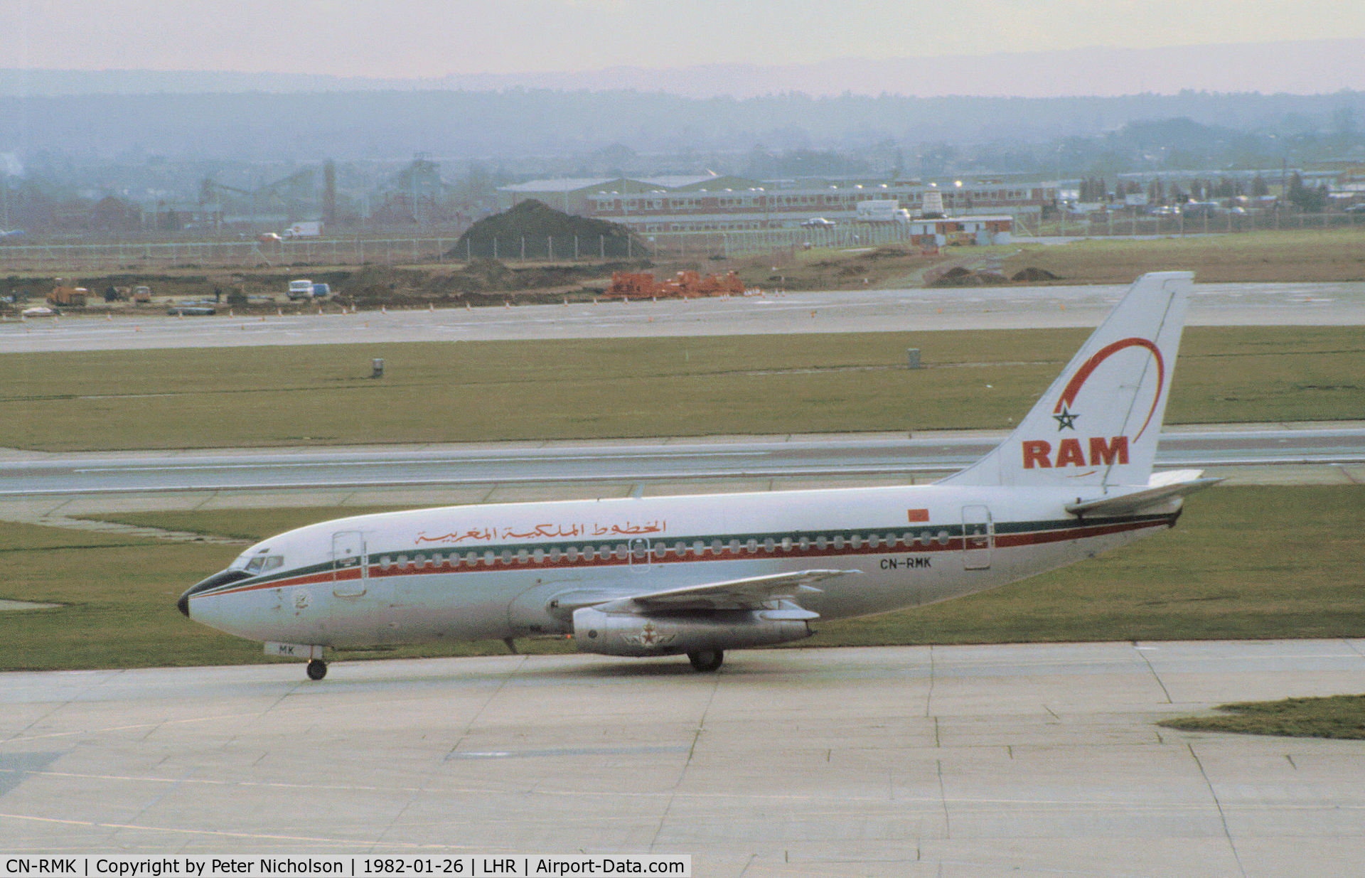 CN-RMK, 1976 Boeing 737-2B6 C/N 21216, Boeing 737-2B6 of Royal Air Maroc as seen at Heathrow in January 1982.