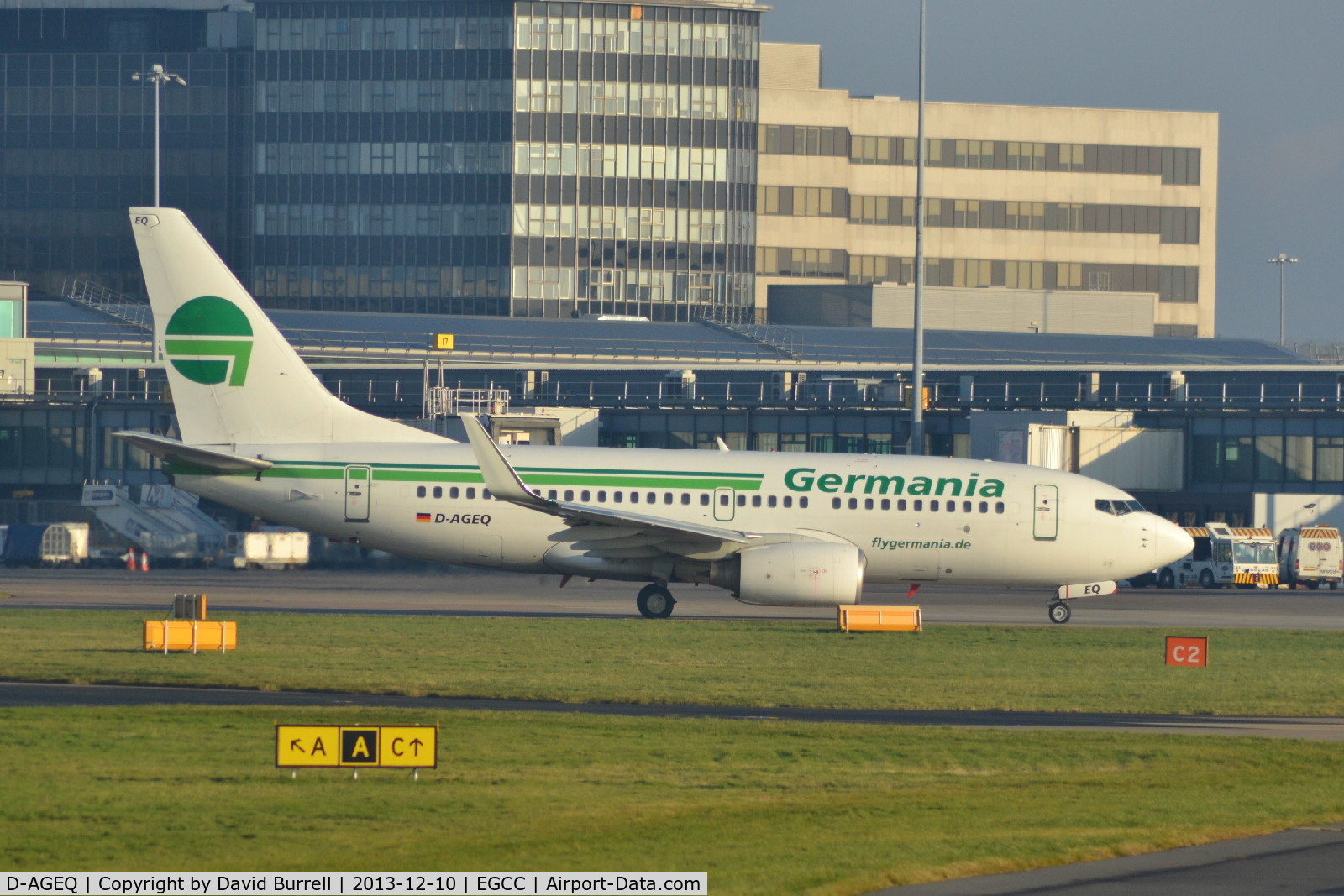 D-AGEQ, 1998 Boeing 737-75B C/N 28103, Germania D-AGEQ Boeing 737-75B taxiing at Manchester Airport.