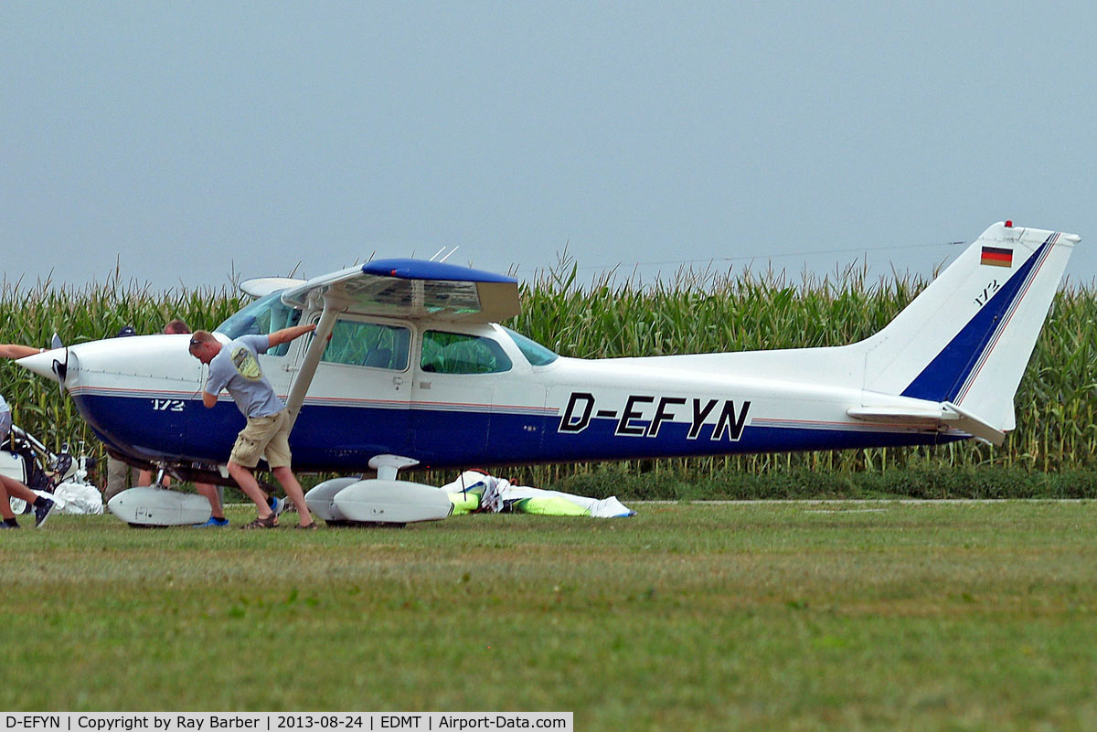 D-EFYN, 1981 Reims F172P C/N 2089, R/Cessna F.172P Skyhawk [2089] Tannheim~D 24/08/2013. Being pulled towards departure point to conserve fuel after airfield was closed for 2hrs due to a accident.