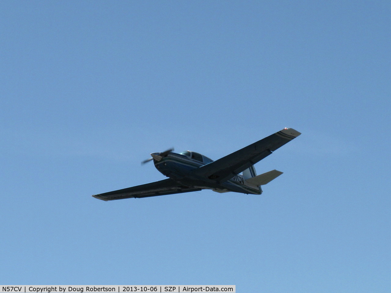 N57CV, 1963 Mooney M20C Ranger C/N 2634, 1963 Mooney M20C, Lycoming O&VO-360 180 Hp, takeoff climb Rwy 04