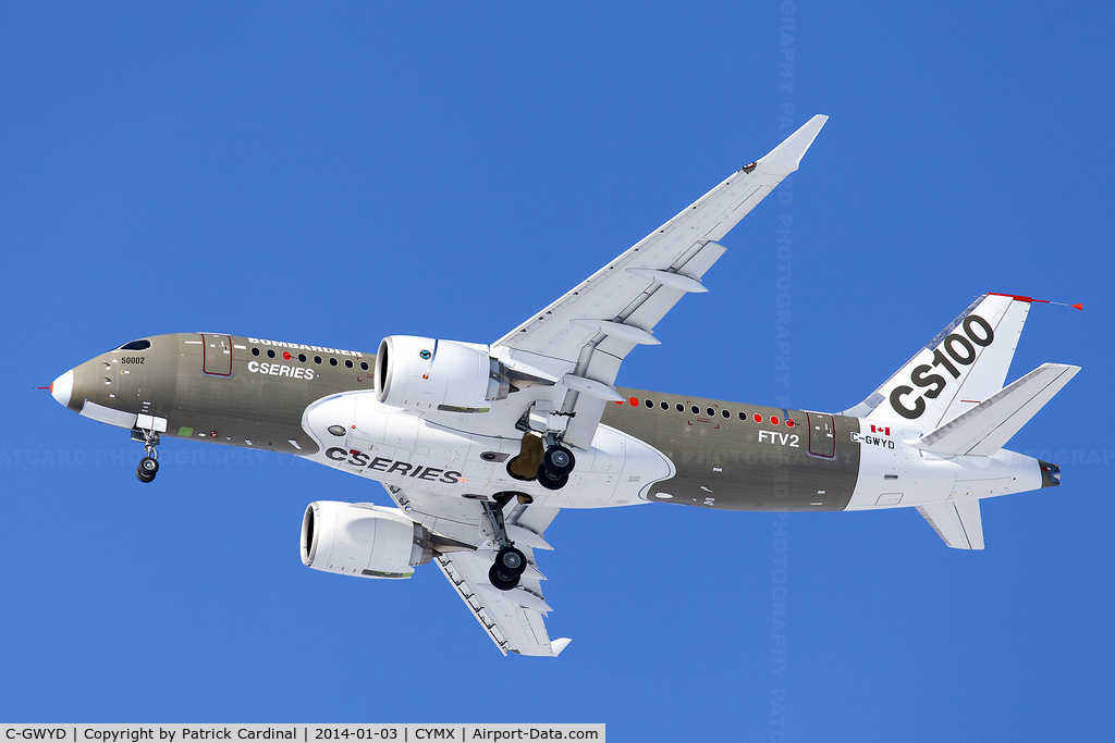 C-GWYD, 2013 Bombardier CSeries CS100 (BD-500-1A10) C/N 50002, Flight Test Vehicle 2 completing its maiden flight on a cold day in Mirabel.