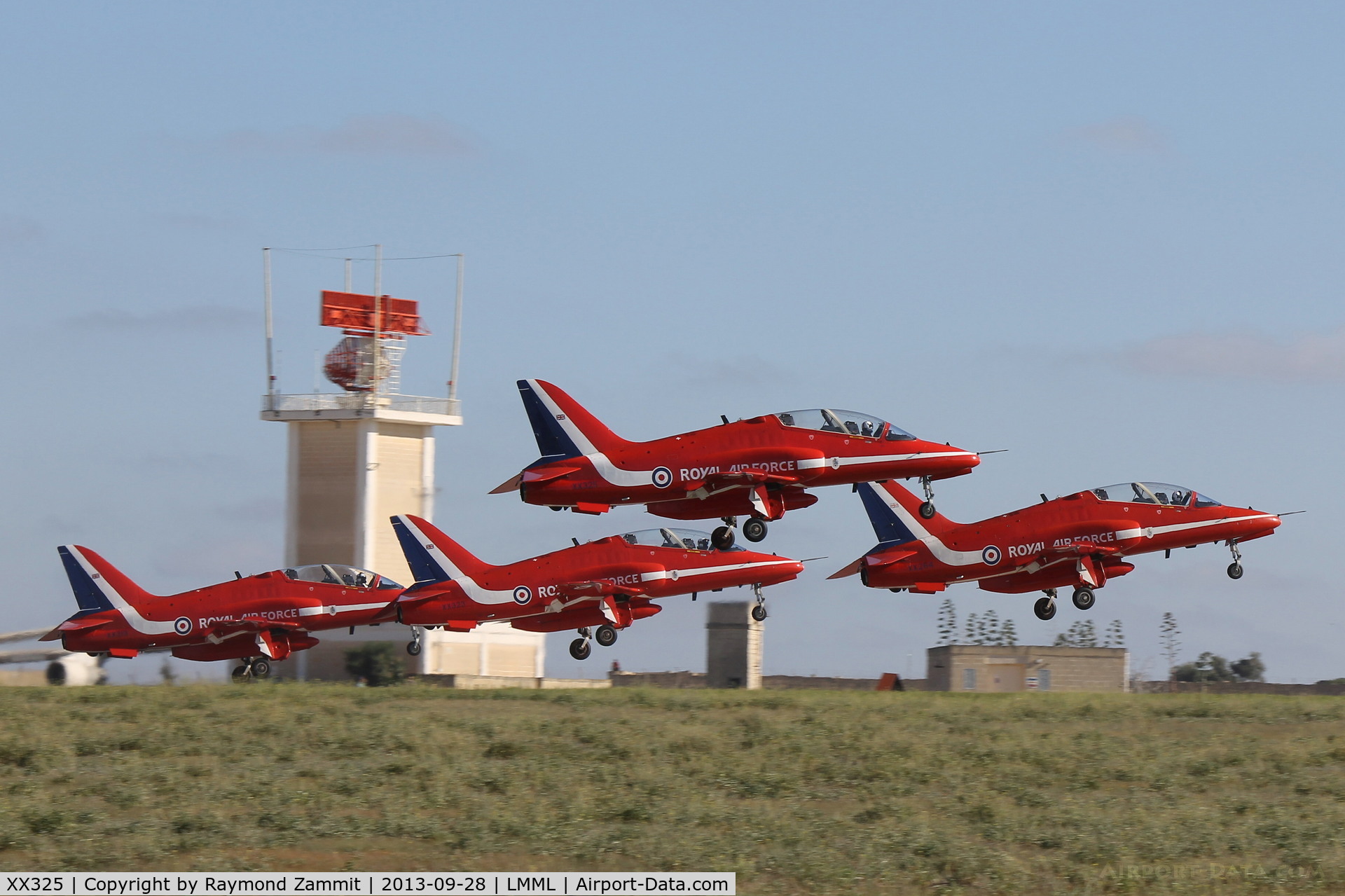 XX325, 1980 Hawker Siddeley Hawk T.1 C/N 169/312150, Red Arrows Hawks taking off to perform in the Malta ~International Airshow 2013.