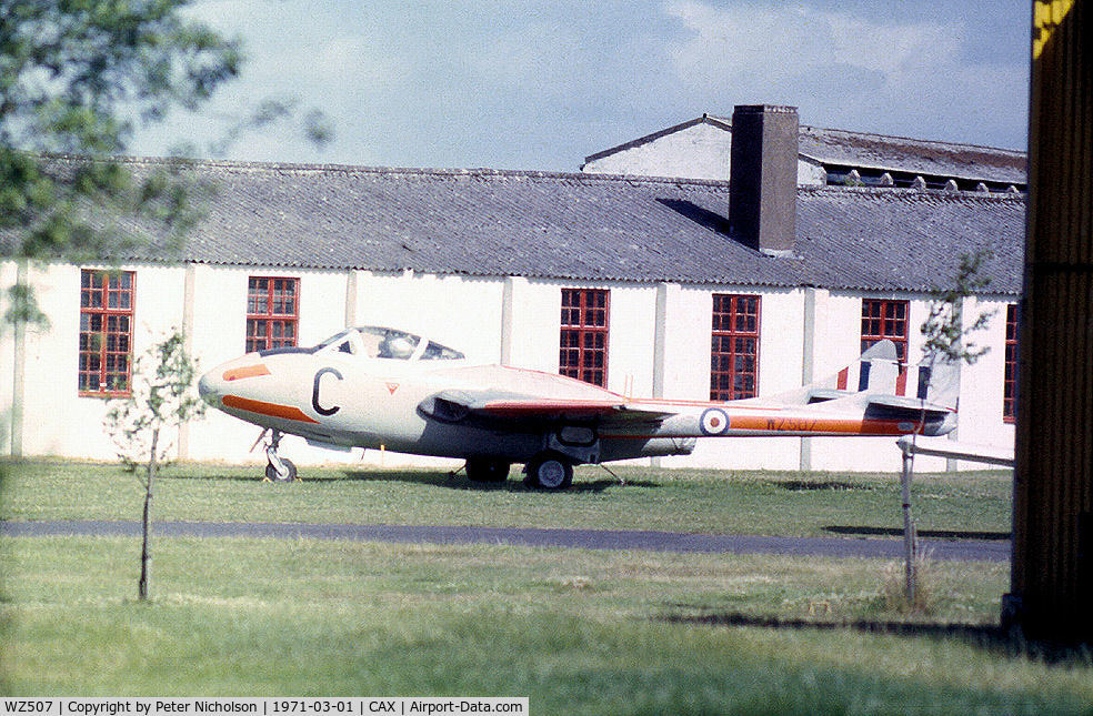 WZ507, 1954 De Havilland DH-115 Vampire T.11 C/N 15127, Vampire T.11 of the Solway Aviation Group as seen at Carlisle Airport in the Spring of 1971.