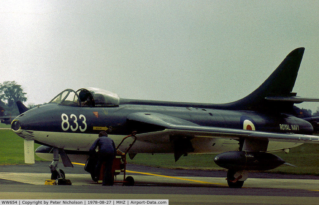 WW654, 1955 Hawker Hunter GA.11 C/N HABL-001045, Hunter GA.11 of the Fleet Requirements & Direction Unit (FRADU) based at RNAS Yeovilton on display at the 1978 RAF Mildenhall Airshow.