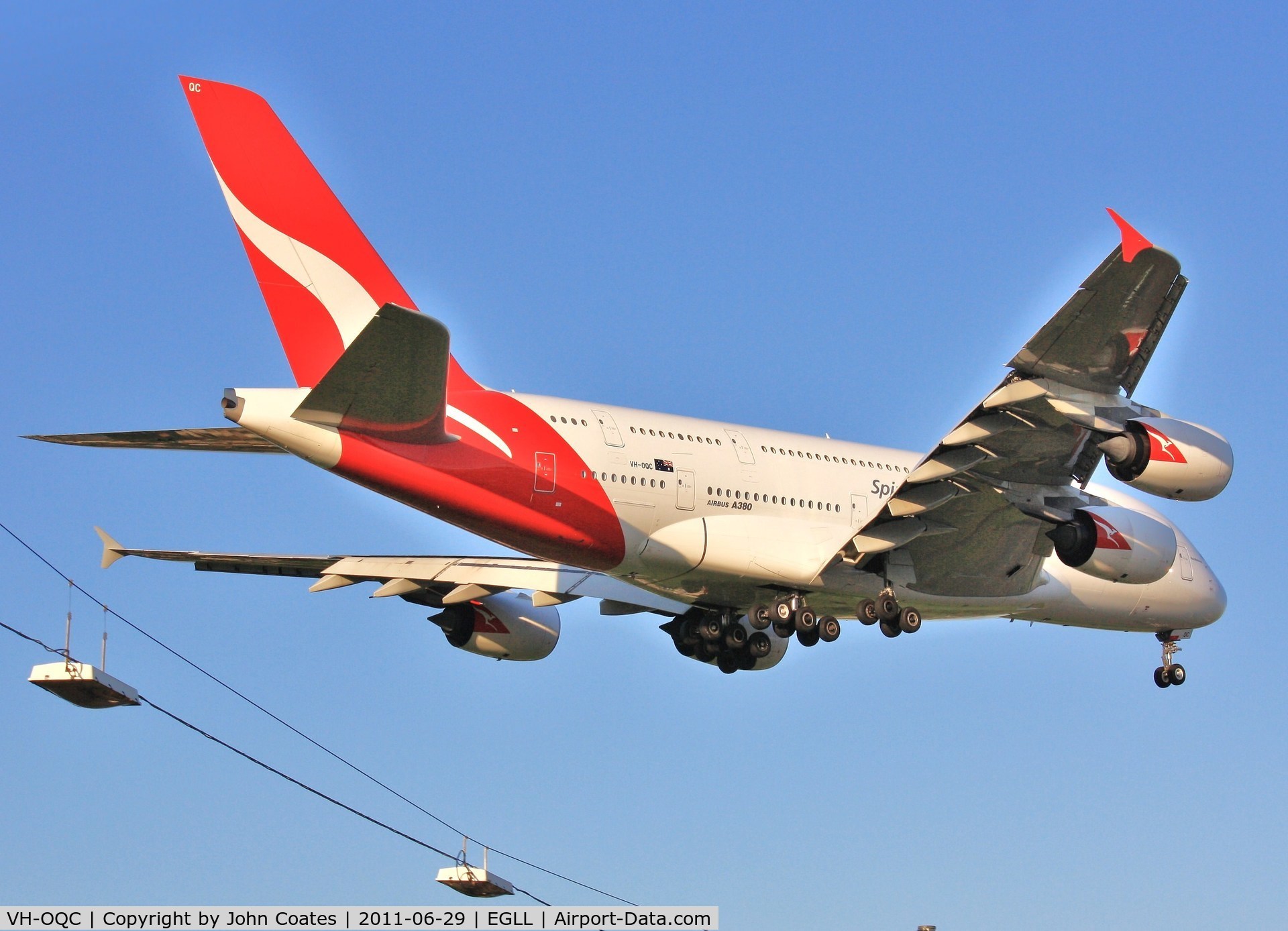 VH-OQC, 2008 Airbus A380-842 C/N 022, Over the A30 to touchdown
